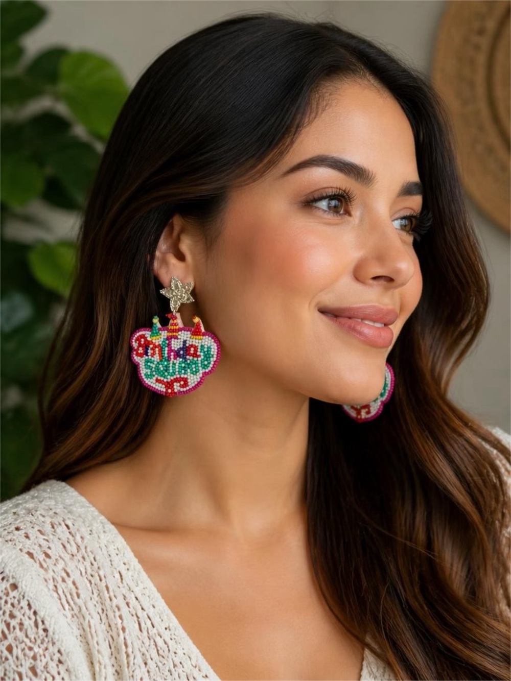 Source Unknown Multicolor Beaded Statement Earrings - Pink, Green & Gold